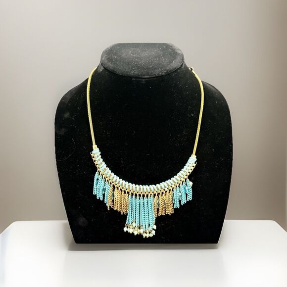 Bohemian Turquoise Blue Fringe Statement Necklace With Gold Chain - Picture 1 of 4